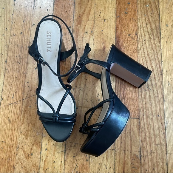 Schutz Black Leather Strappy Platform Heel Sandals Size 9.5 - Picture 1 of 5